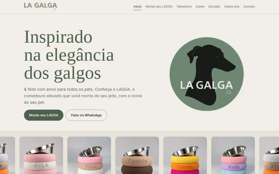 Página inicial do site La Galga, comedouros personalizados para pets
